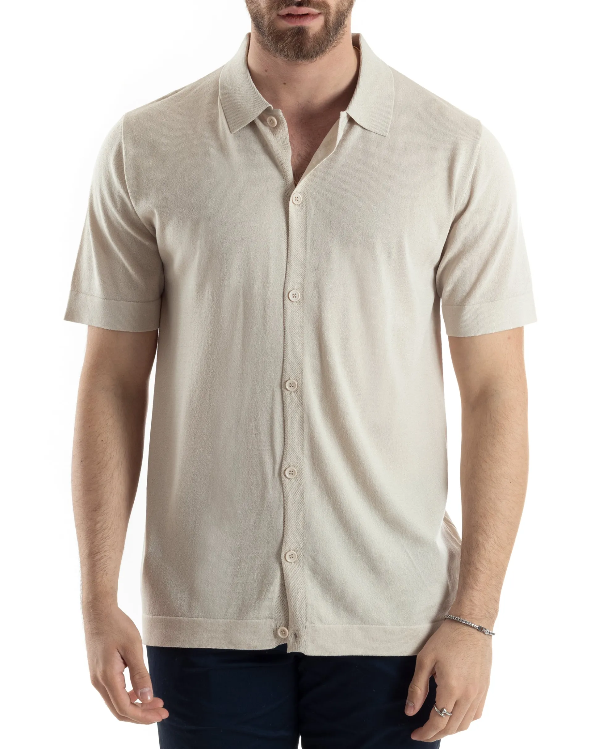 Polo Uomo In Filo Cardigan Bottoni T-Shirt Con Colletto Sottogiacca Beige TS3019A