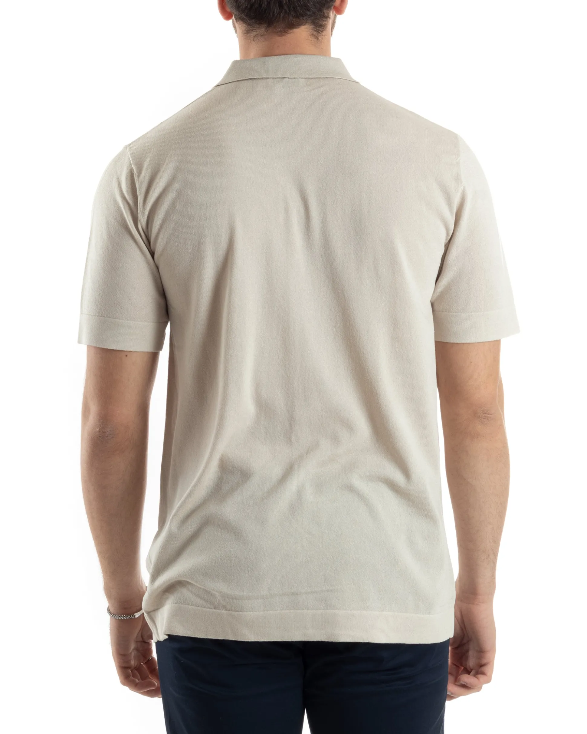 Polo Uomo In Filo Cardigan Bottoni T-Shirt Con Colletto Sottogiacca Beige TS3019A
