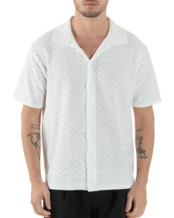 Polo Uomo In Filo Cardigan Con Bottoni T-Shirt Cropped Con Colletto Maglia Boxy Fit Traforata Lavorata Casual Bianco GIOSAL-TS3110A