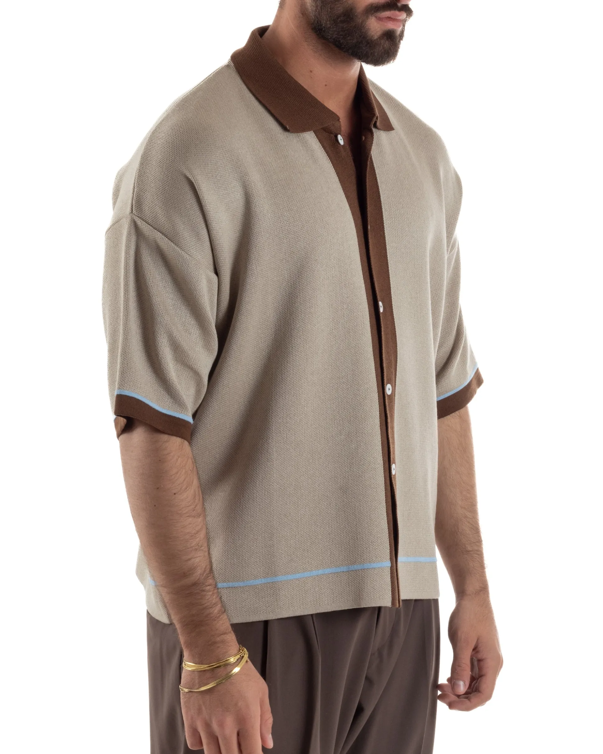 Polo uomo maglia filo boxy oversize colletto con bottoni beige BlackSunday TS3267A