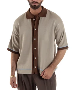 Polo uomo maglia filo boxy oversize colletto con bottoni beige BlackSunday TS3267A
