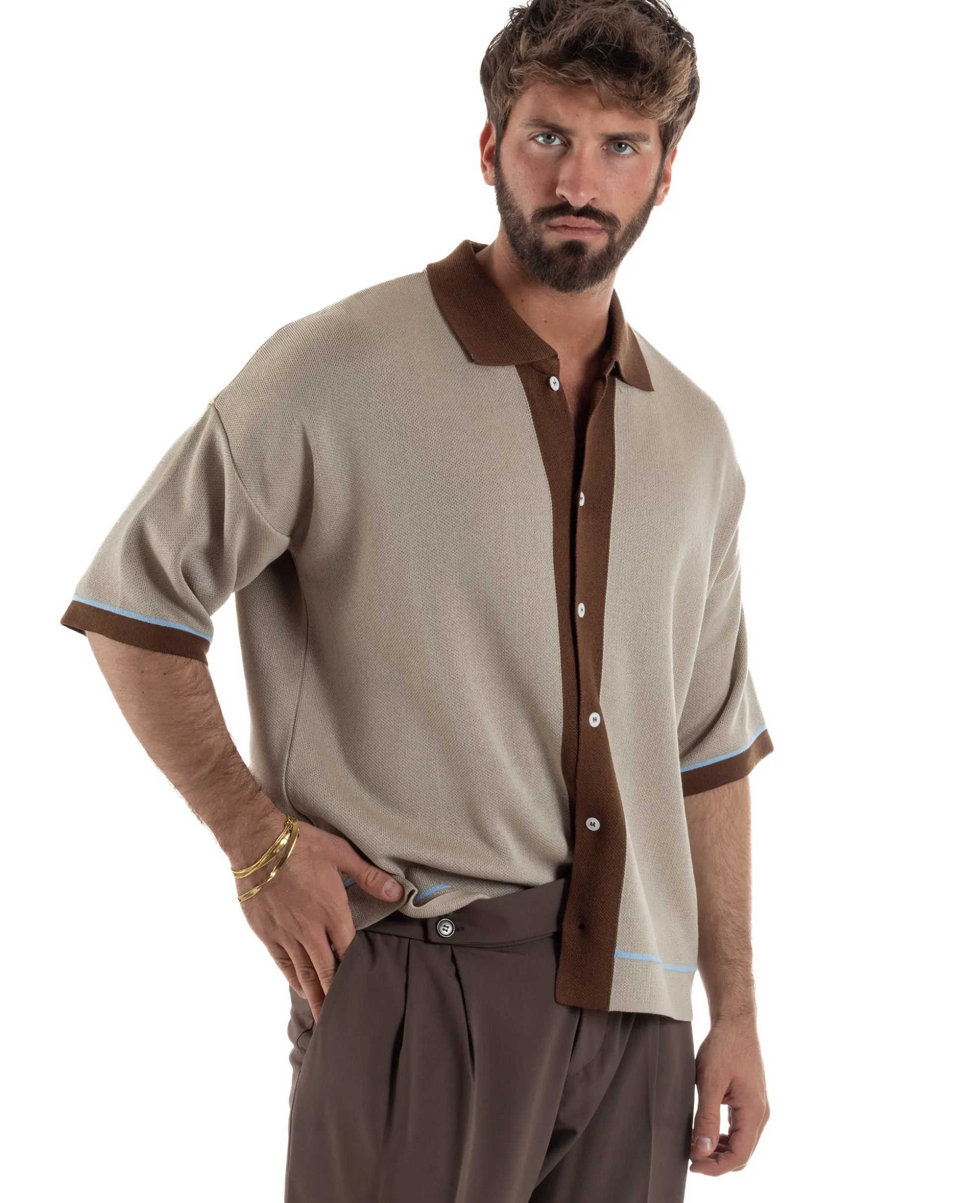 Polo uomo maglia filo boxy oversize colletto con bottoni beige BlackSunday TS3267A