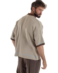 Polo uomo maglia filo boxy oversize colletto con bottoni beige BlackSunday TS3267A