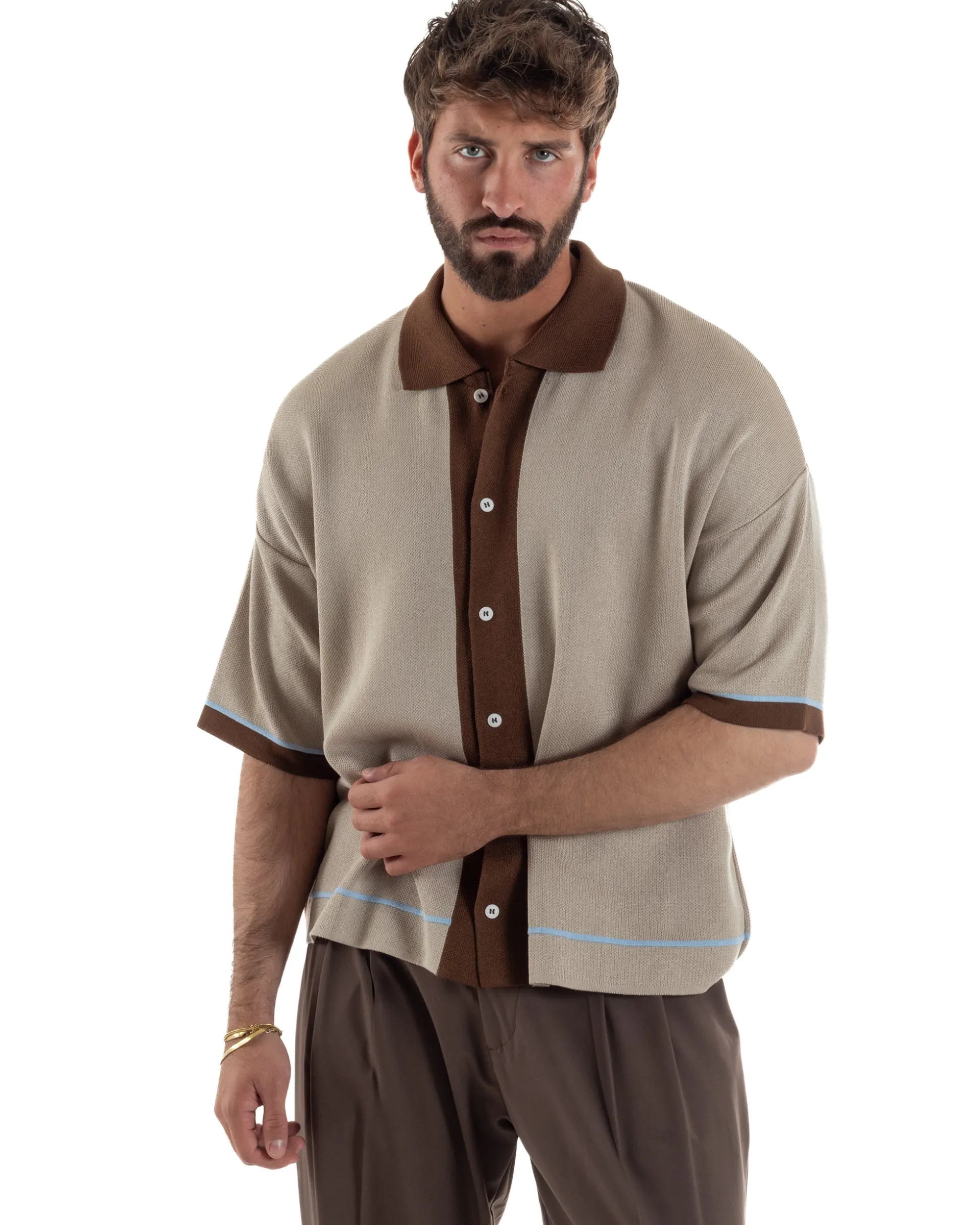 Polo uomo maglia filo boxy oversize colletto con bottoni beige BlackSunday TS3267A