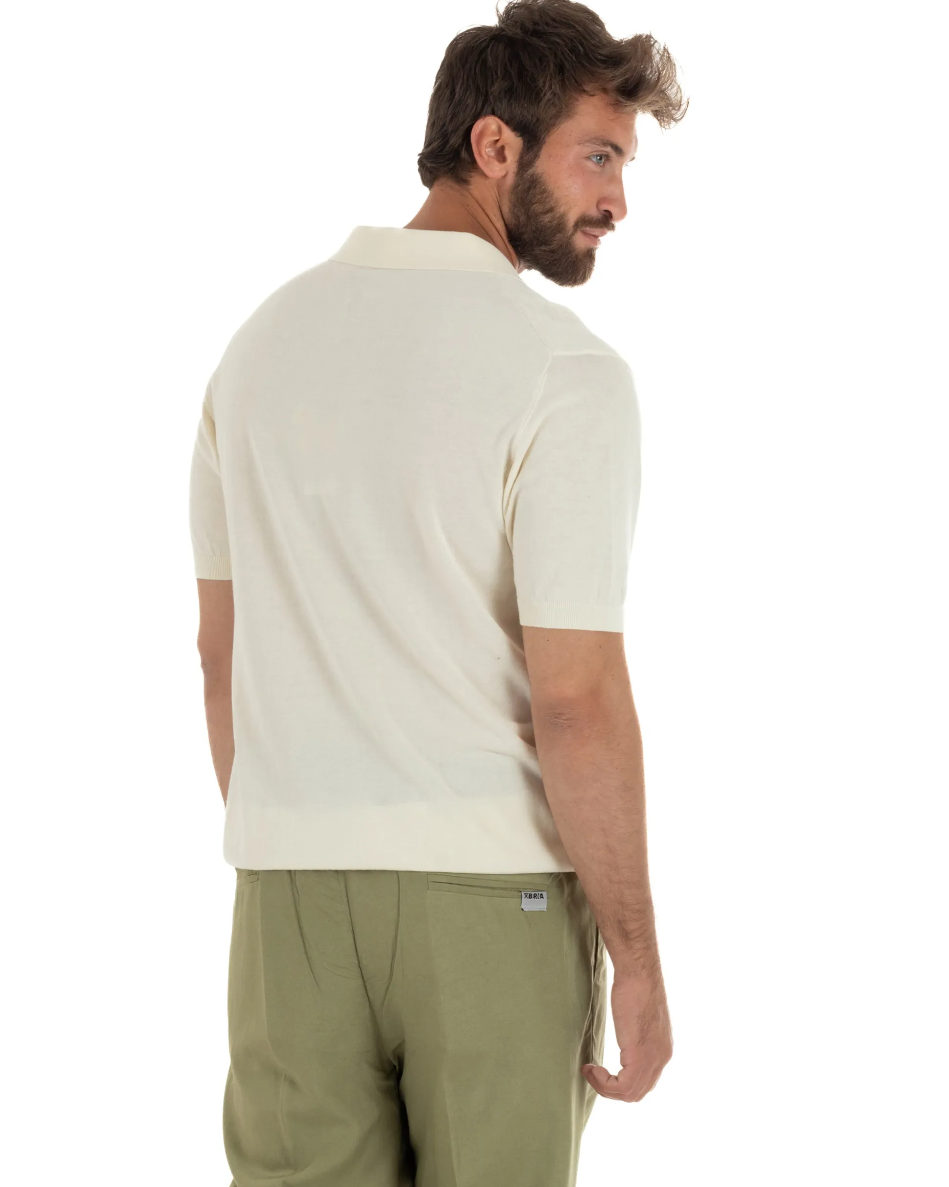 Polo uomo maglia filo leggera con ricami e colletto aperto panna SUPERCULTURE-AK6011
