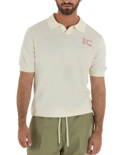 Polo uomo maglia filo leggera con ricami e colletto aperto panna SUPERCULTURE-AK6011