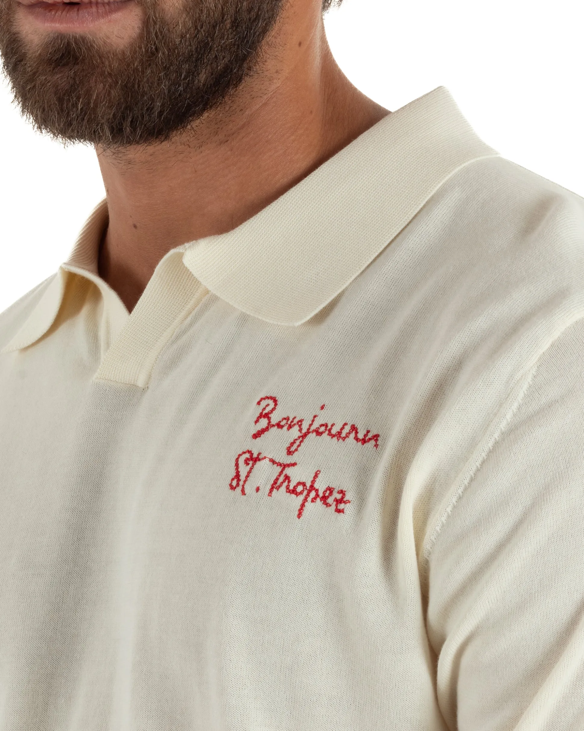 Polo uomo maglia filo leggera con ricami e colletto aperto panna SUPERCULTURE-AK6011