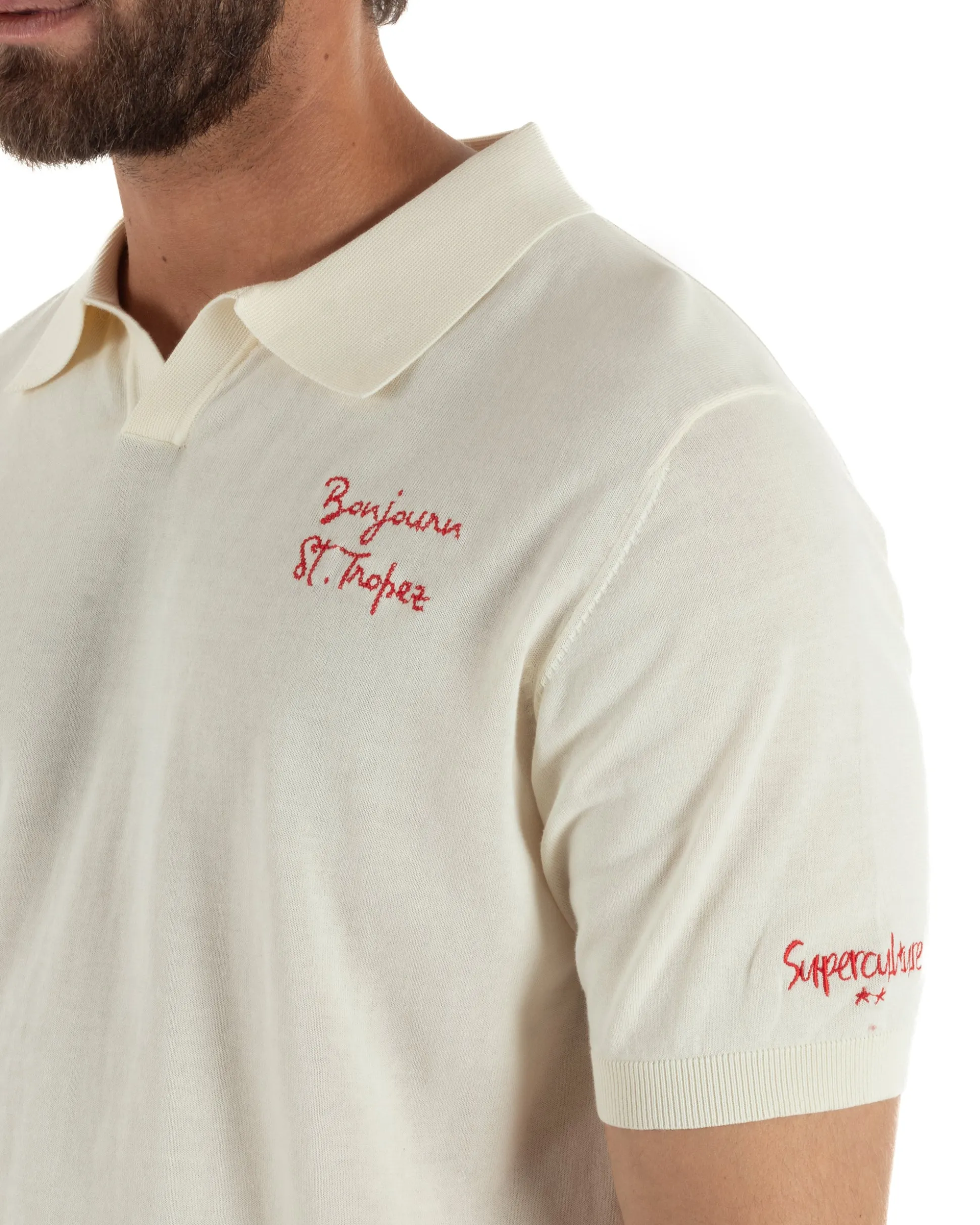 Polo uomo maglia filo leggera con ricami e colletto aperto panna SUPERCULTURE-AK6011