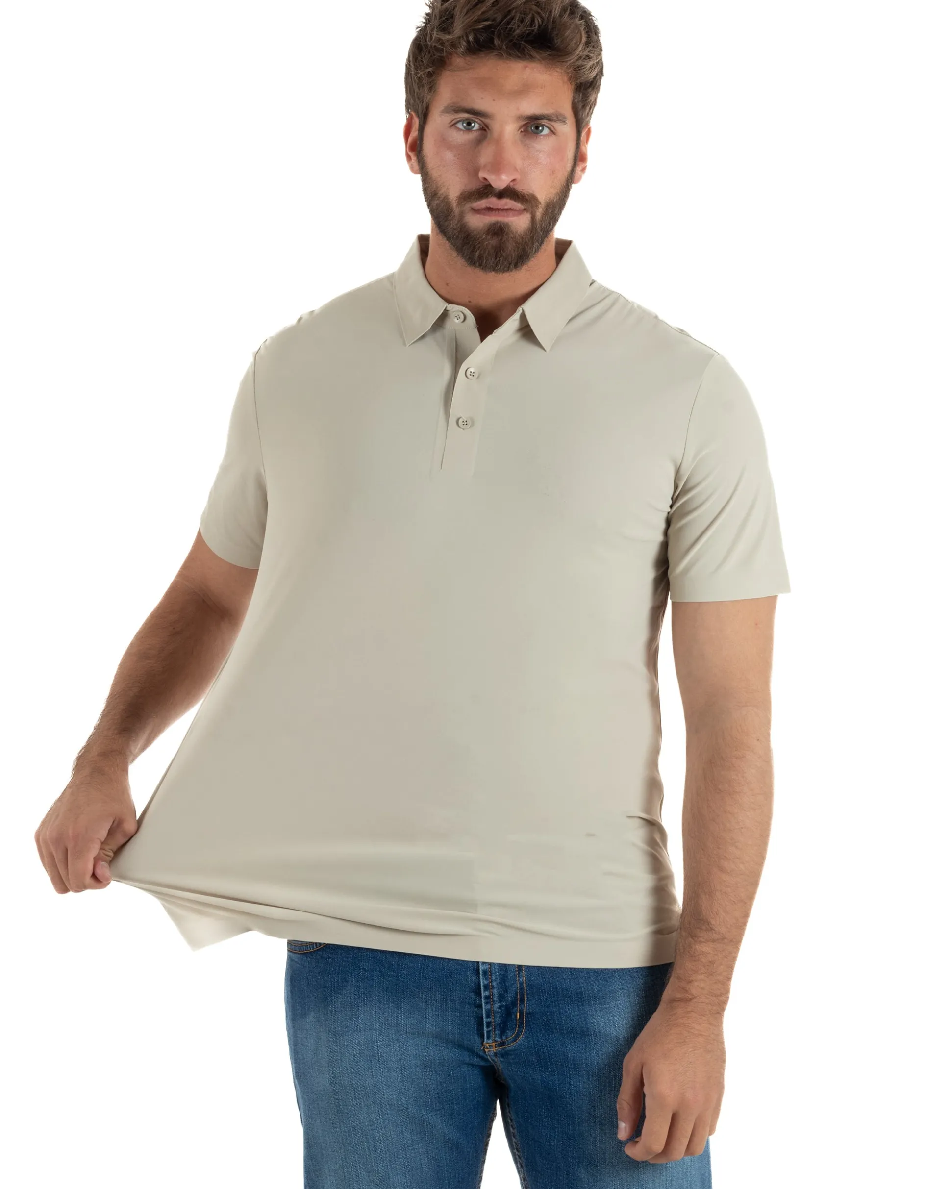 Polo uomo no-stiro stretch colletto con bottoni maglia basic beige GIOSAL-TS3291A