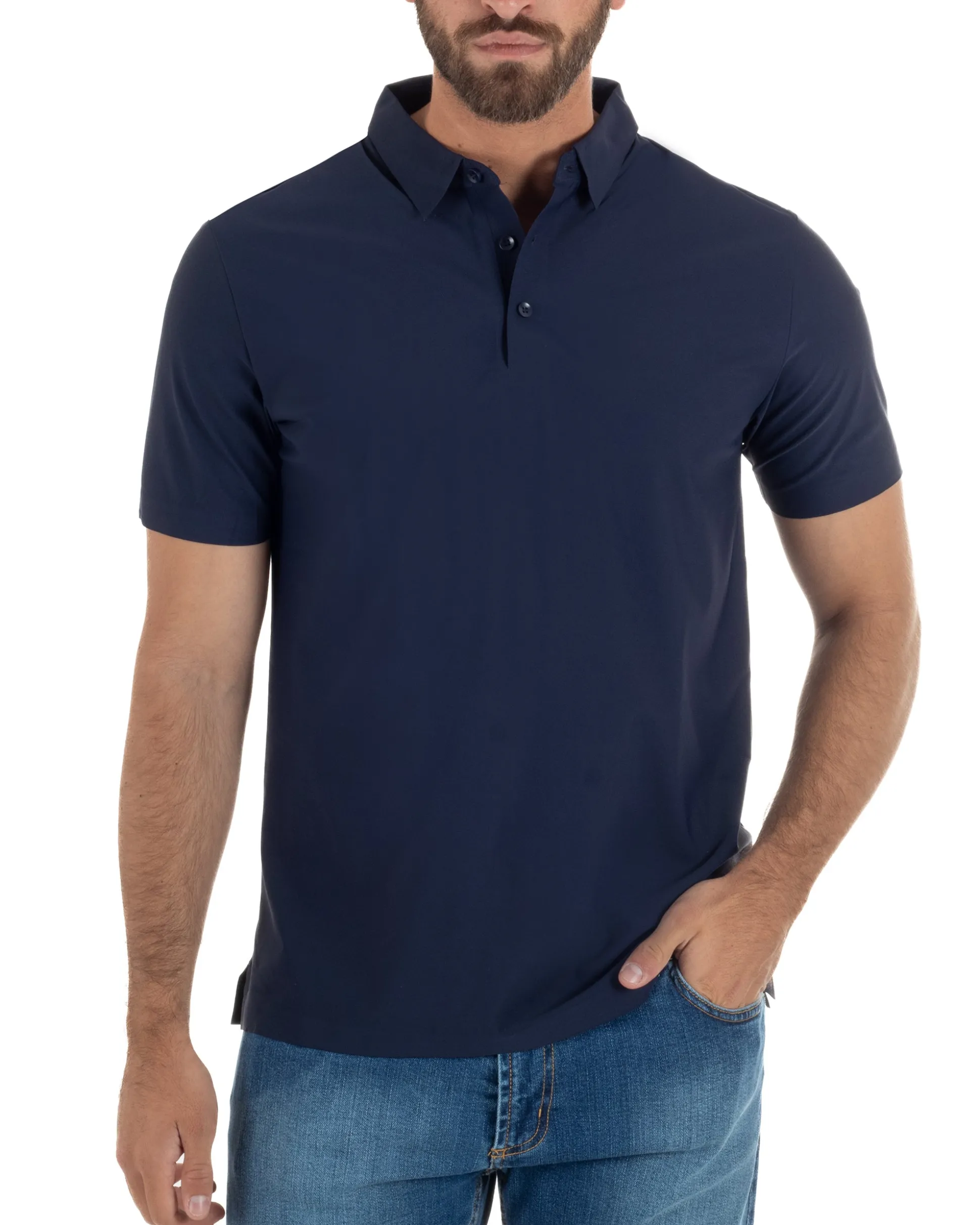 Polo uomo no-stiro stretch colletto con bottoni maglia basic blu GIOSAL-TS3292A