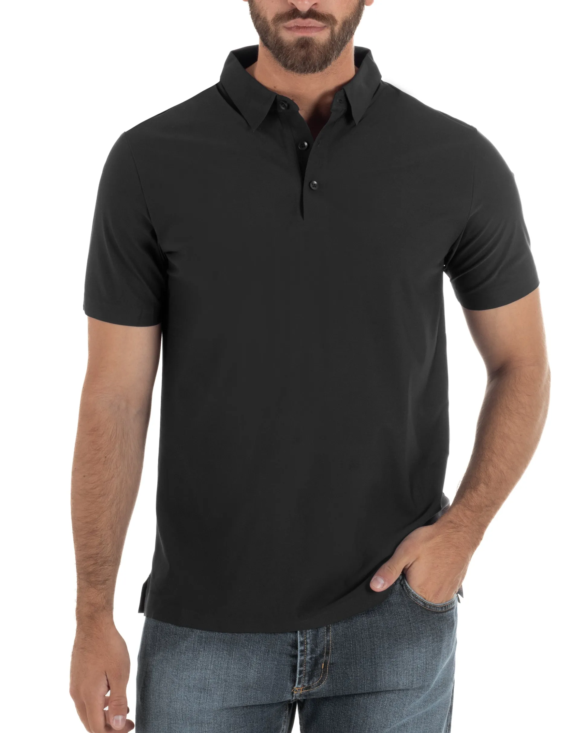 Polo uomo no-stiro stretch colletto con bottoni maglia basic nero GIOSAL-TS3293A