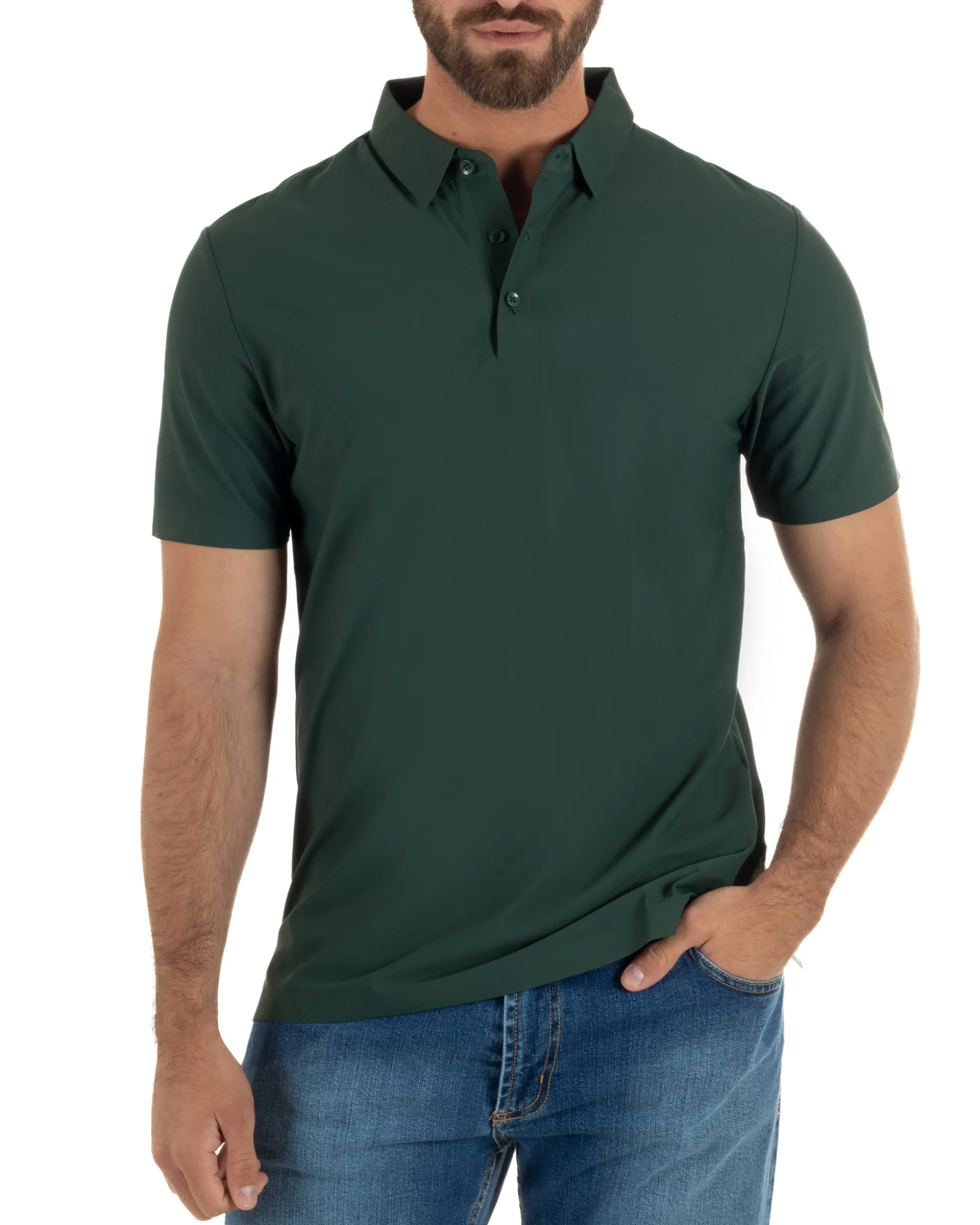 Polo uomo no-stiro stretch colletto con bottoni maglia basic verde GIOSAL-TS3294A