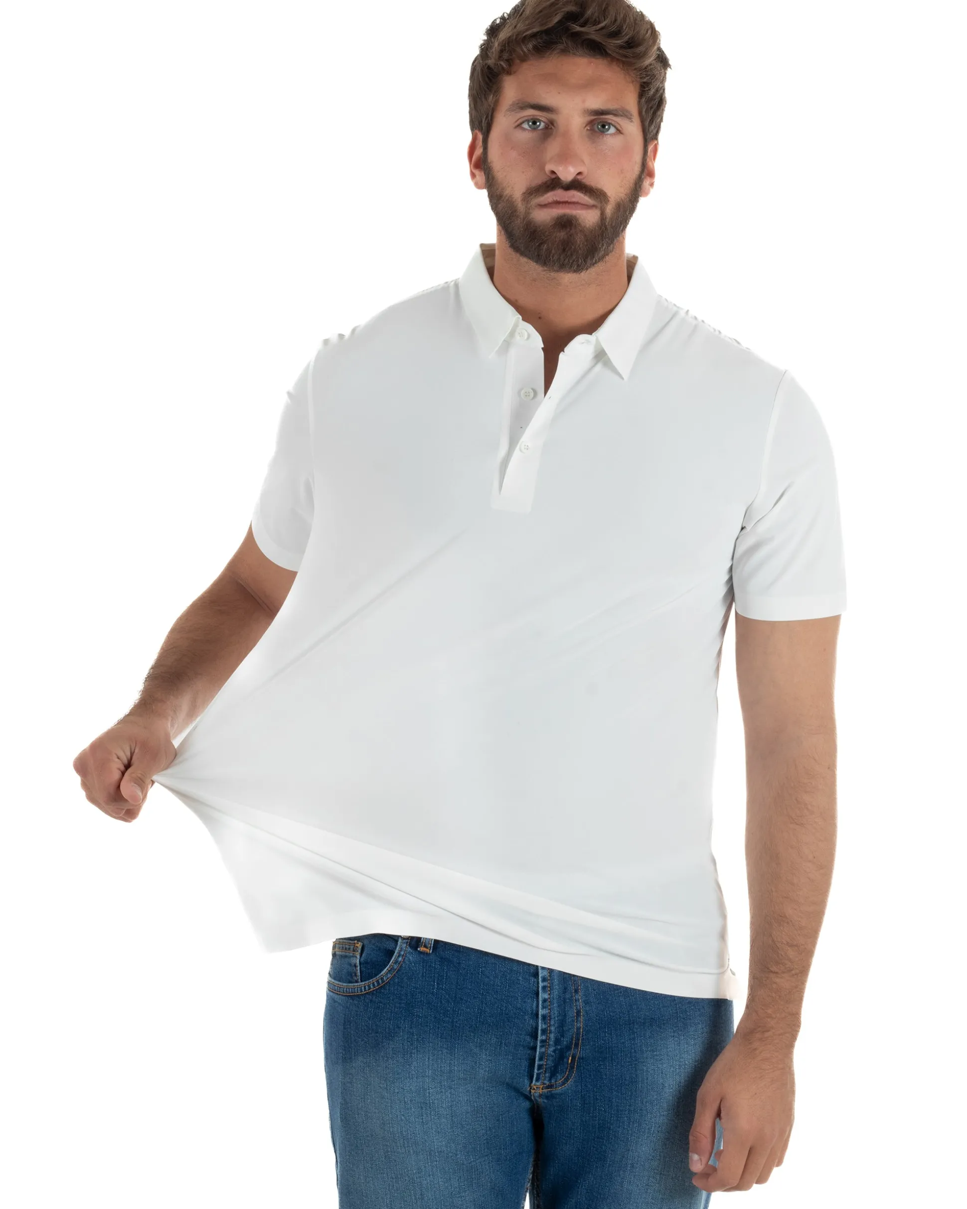 Polo uomo no-stiro stretch colletto con bottoni maglia basic bianco GIOSAL-TS3295A
