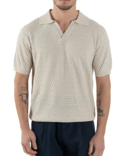 Polo Uomo Scollo V Maglia Lavorata T-Shirt Con Colletto Maniche Corte Tinta Unita Casual Beige GIOSAL-TS3114A