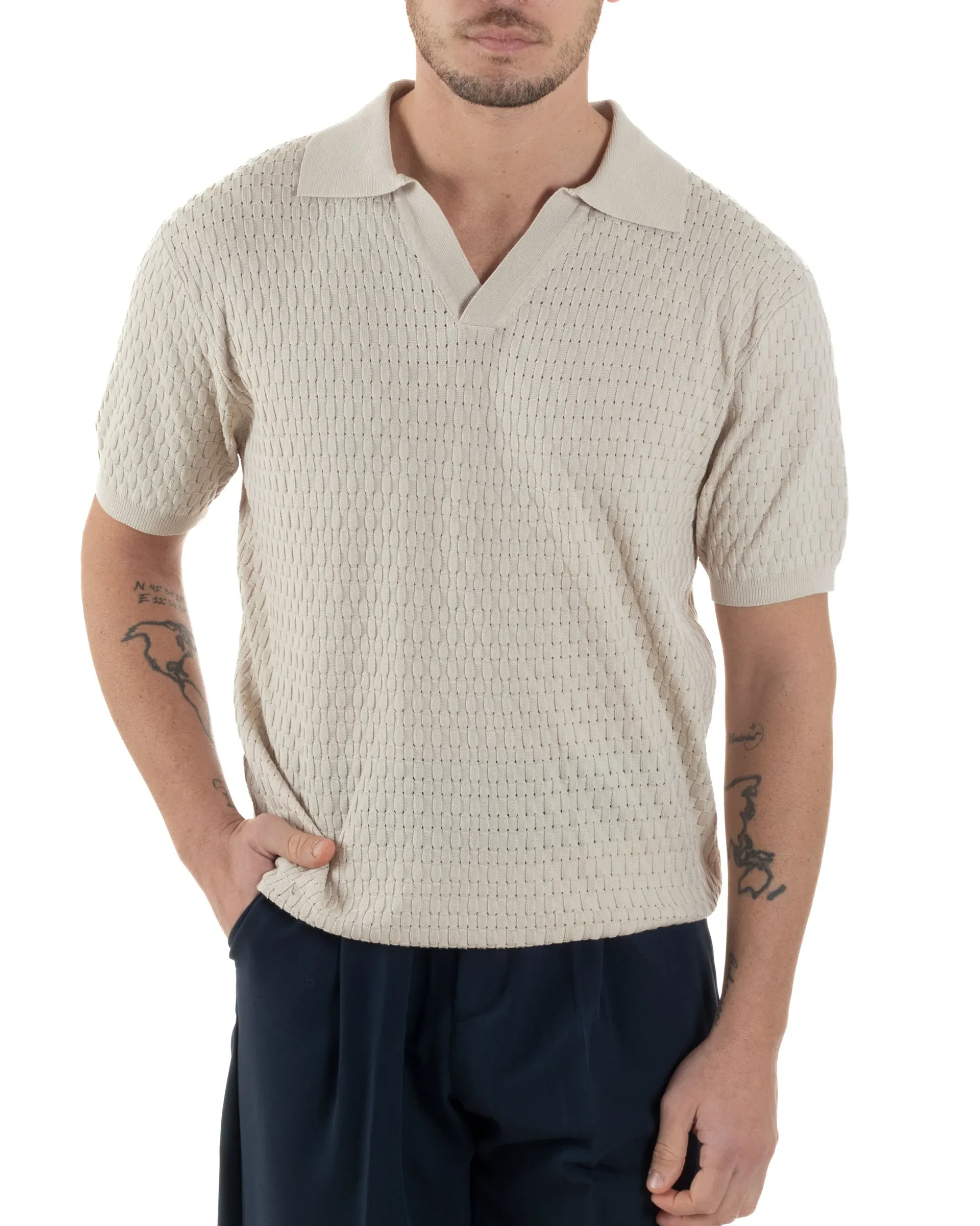 Polo Uomo Scollo V Maglia Lavorata T-Shirt Con Colletto Maniche Corte Tinta Unita Casual Beige GIOSAL-TS3114A