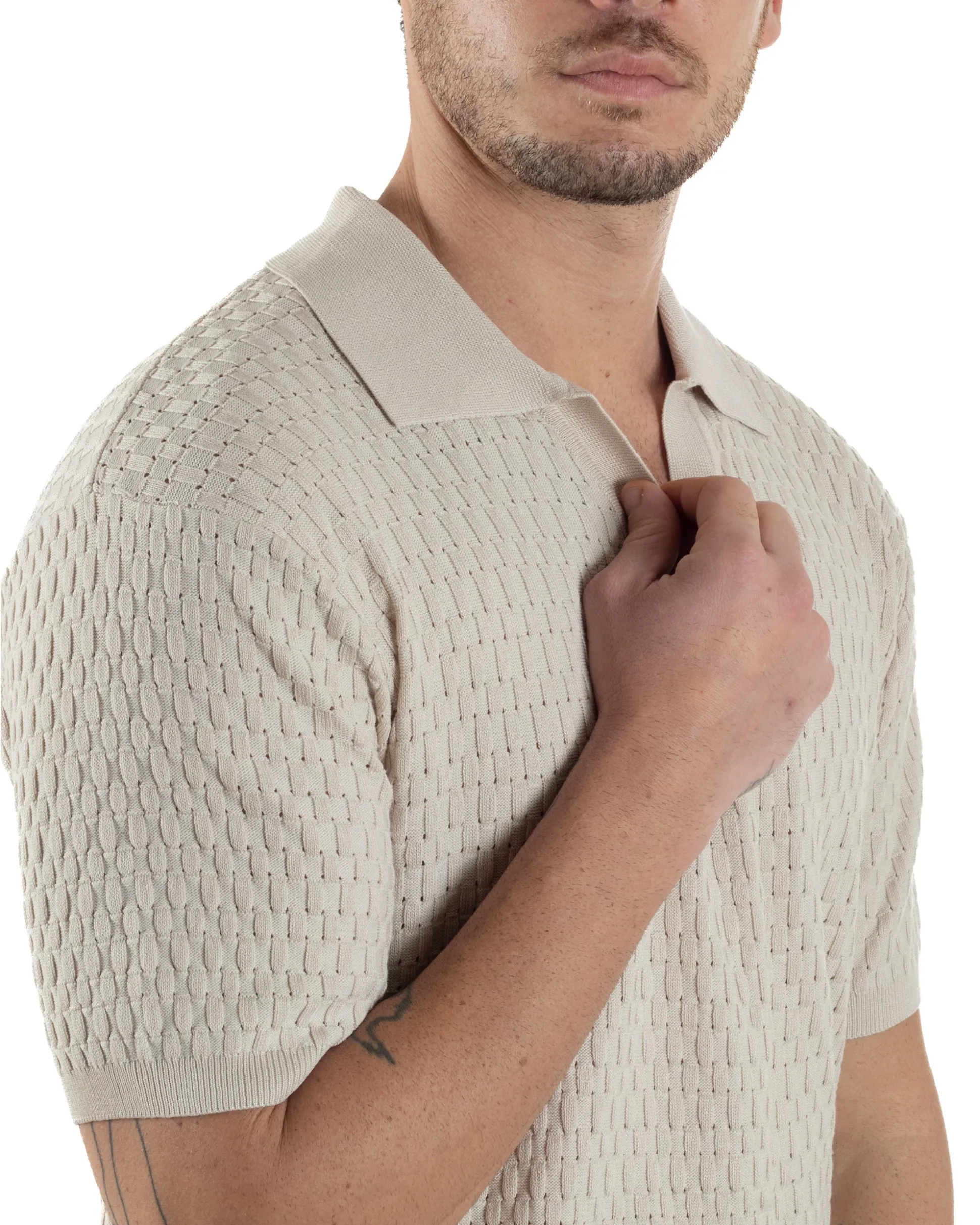 Polo Uomo Scollo V Maglia Lavorata T-Shirt Con Colletto Maniche Corte Tinta Unita Casual Beige GIOSAL-TS3114A