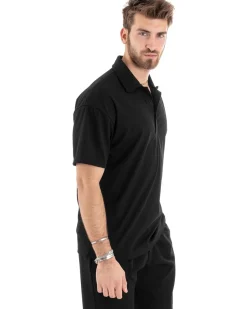 Polo Uomo Tinta Unita Costine Tinta Unita Nera Colletto Manica Corta Casual GIOSAL-TS2875A