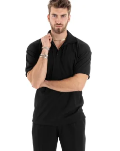 Polo Uomo Tinta Unita Costine Tinta Unita Nera Colletto Manica Corta Casual GIOSAL-TS2875A