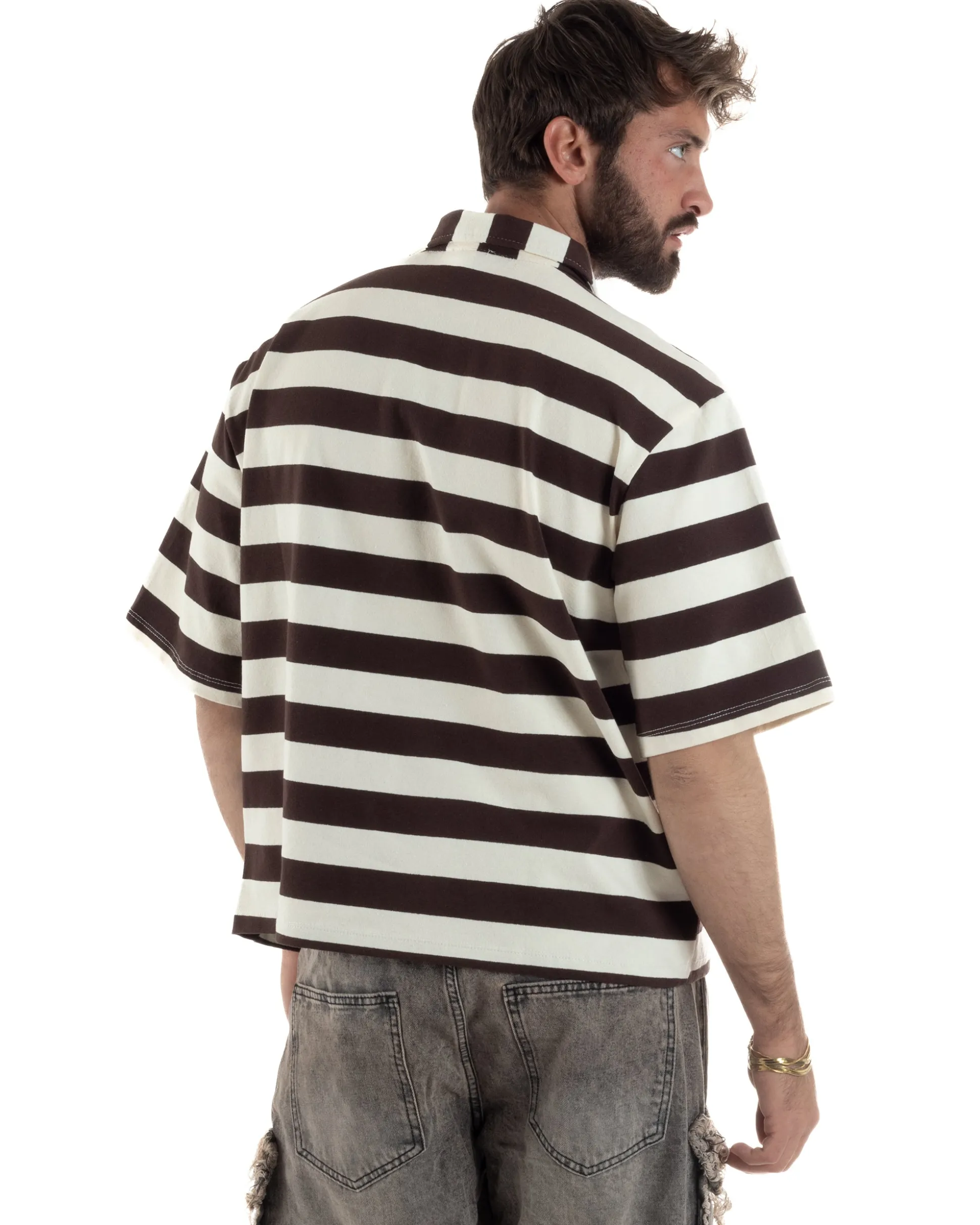 Polo uomo t-shirt boxy crop con zip righe larghe panna marrone GIOSAL-TS3256A