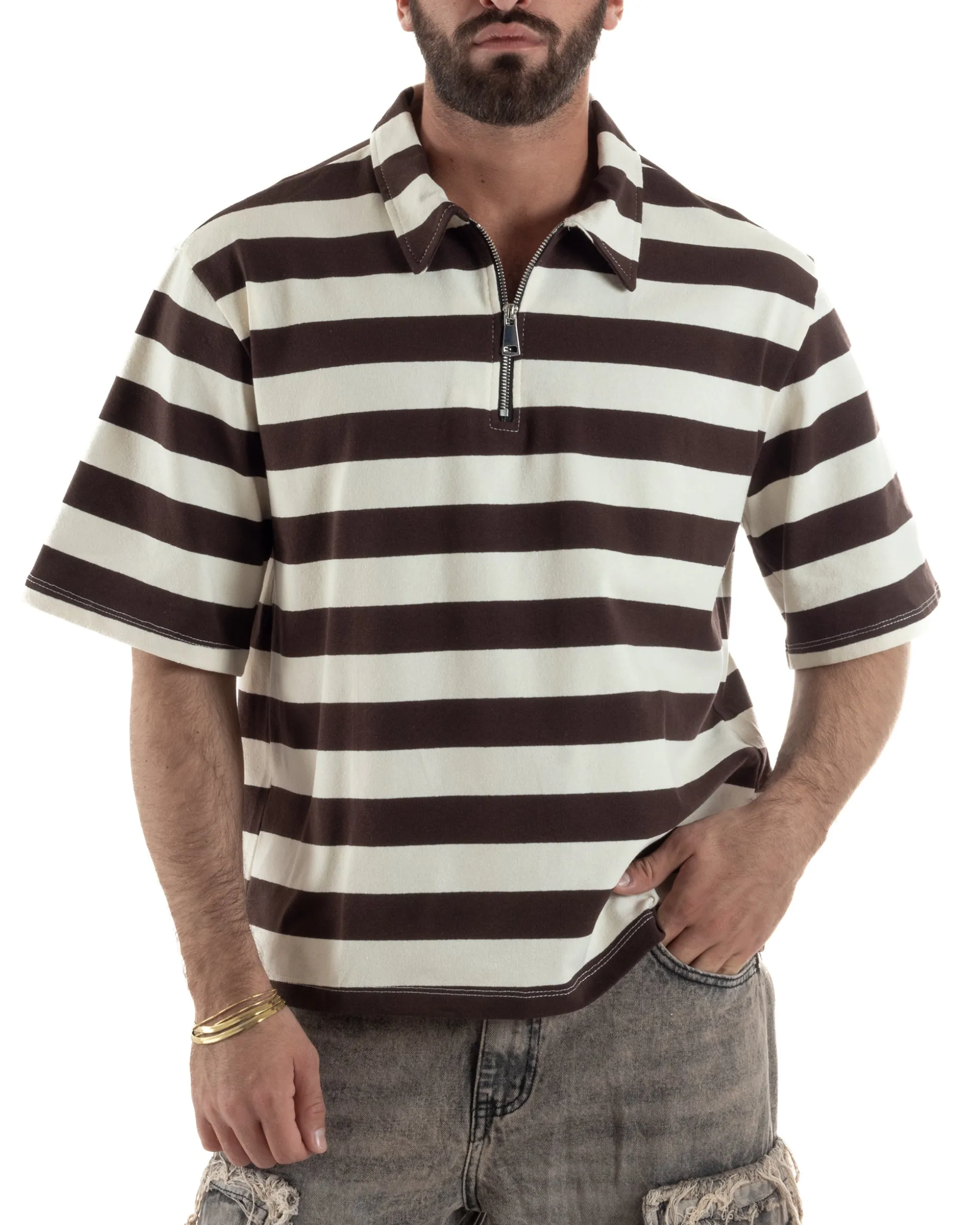 Polo uomo t-shirt boxy crop con zip righe larghe panna marrone GIOSAL-TS3256A