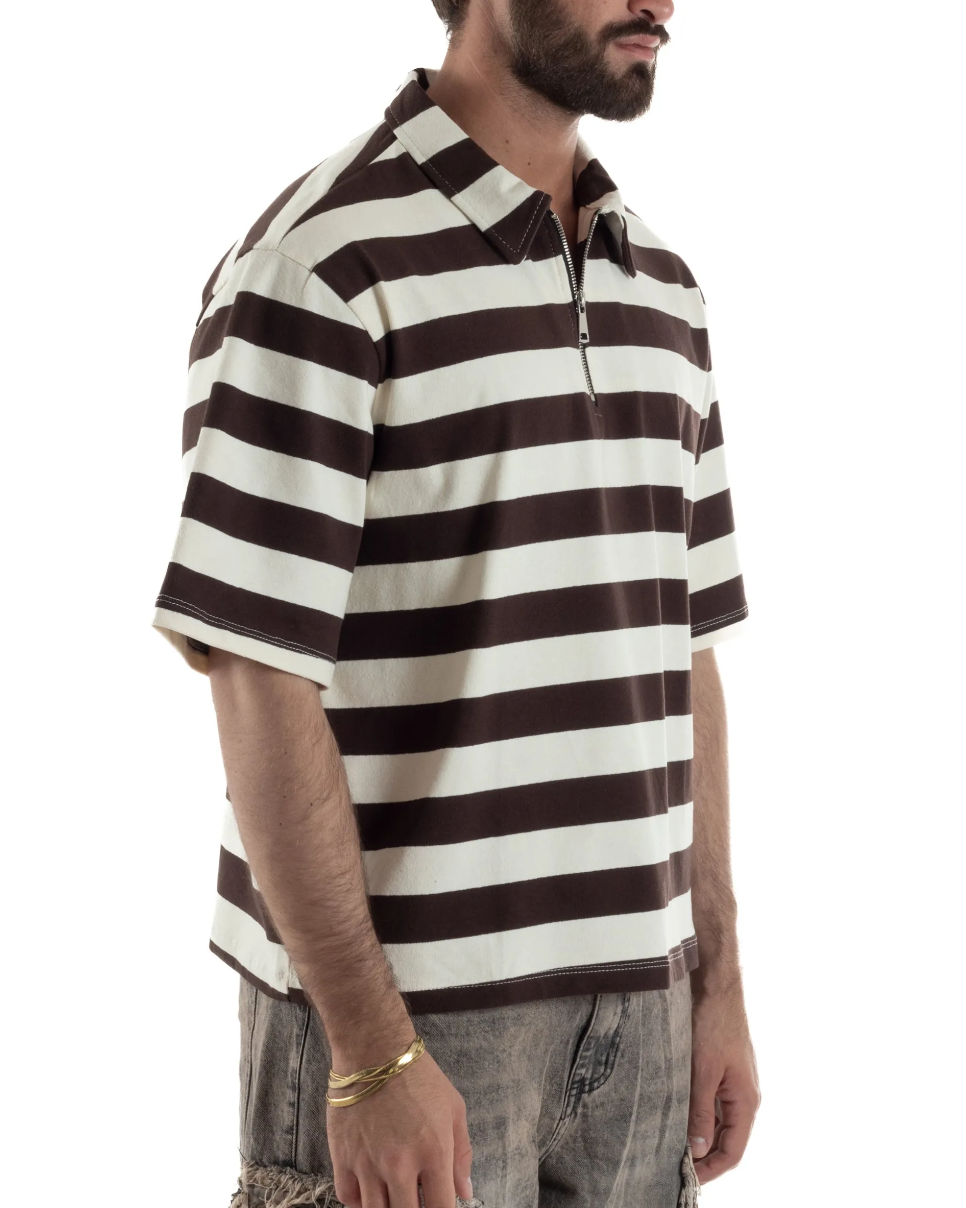 Polo uomo t-shirt boxy crop con zip righe larghe panna marrone GIOSAL-TS3256A