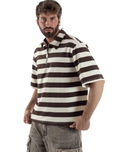 Polo uomo t-shirt boxy crop con zip righe larghe panna marrone GIOSAL-TS3256A