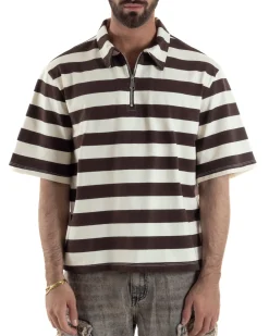 Polo uomo t-shirt boxy crop con zip righe larghe panna marrone GIOSAL-TS3256A