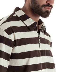 Polo uomo t-shirt boxy crop con zip righe larghe panna marrone GIOSAL-TS3256A
