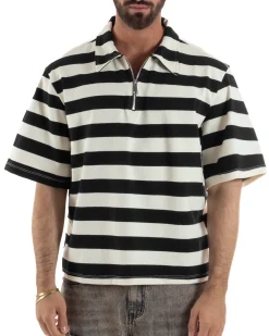 Polo uomo t-shirt boxy crop con zip righe larghe panna nero GIOSAL-TS3257A