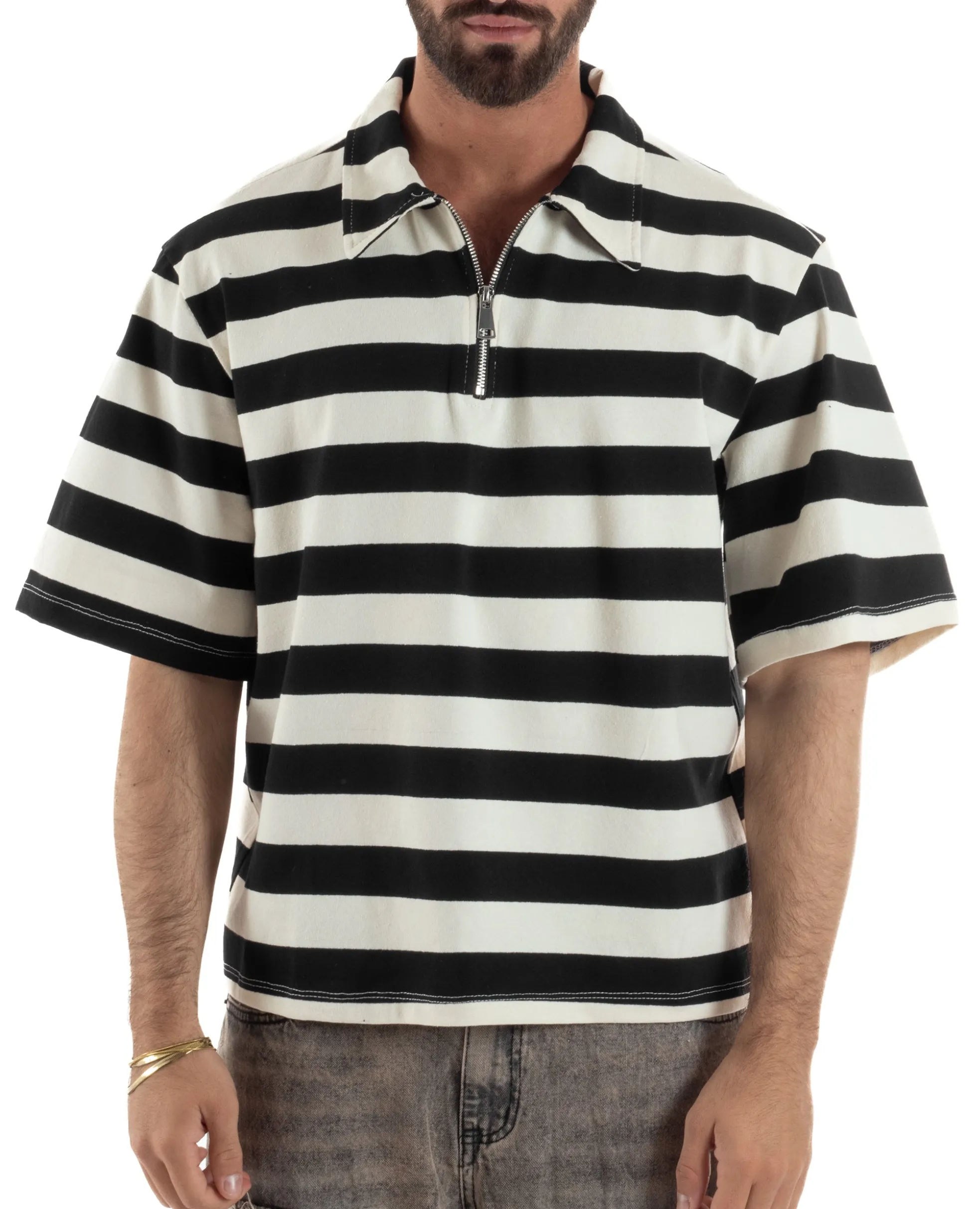 Polo uomo t-shirt boxy crop con zip righe larghe panna nero GIOSAL-TS3257A