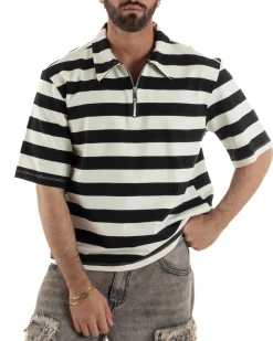 Polo uomo t-shirt boxy crop con zip righe larghe panna nero GIOSAL-TS3257A