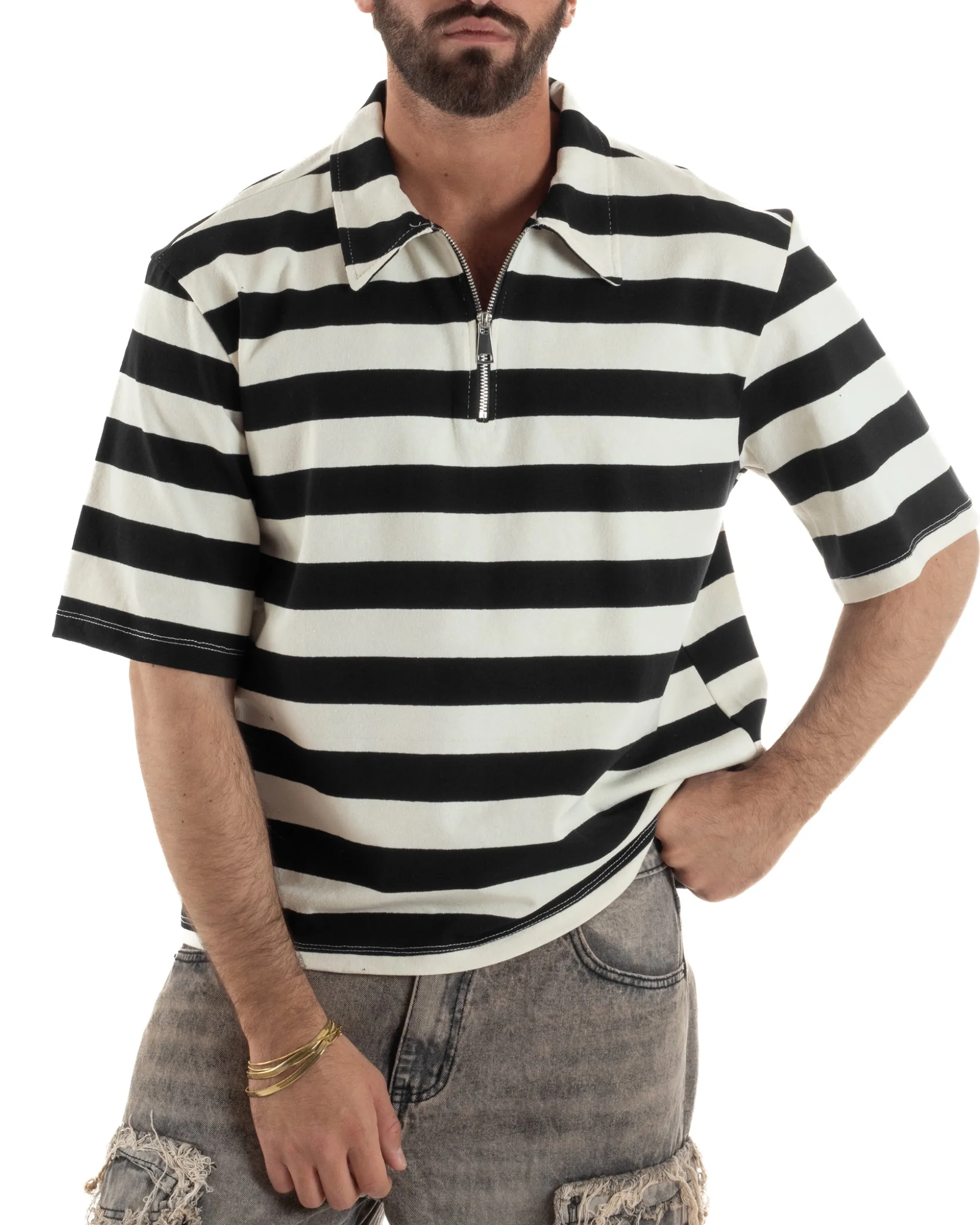 Polo uomo t-shirt boxy crop con zip righe larghe panna nero GIOSAL-TS3257A