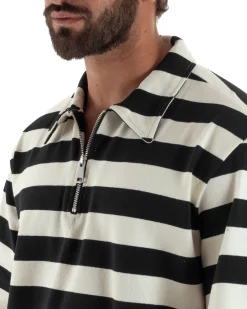 Polo uomo t-shirt boxy crop con zip righe larghe panna nero GIOSAL-TS3257A