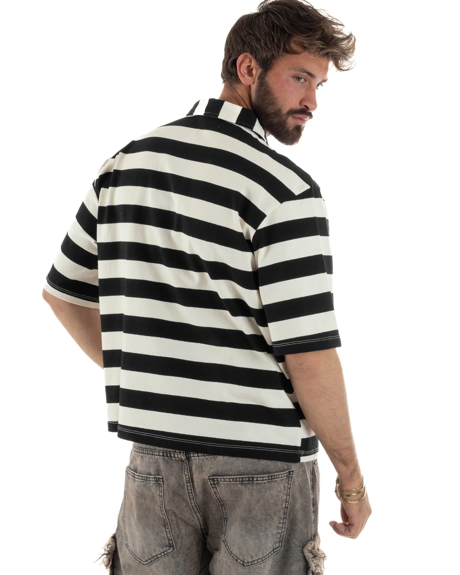 Polo uomo t-shirt boxy crop con zip righe larghe panna nero GIOSAL-TS3257A