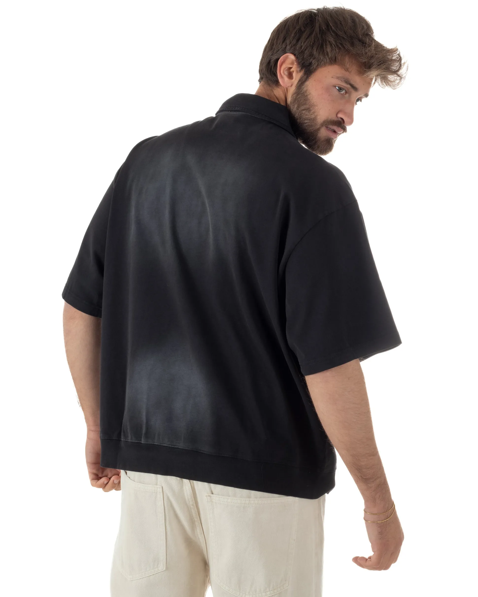 Polo uomo t-shirt oversize boxy fit washed maglia colletto nero GIOSAL-TS3213A