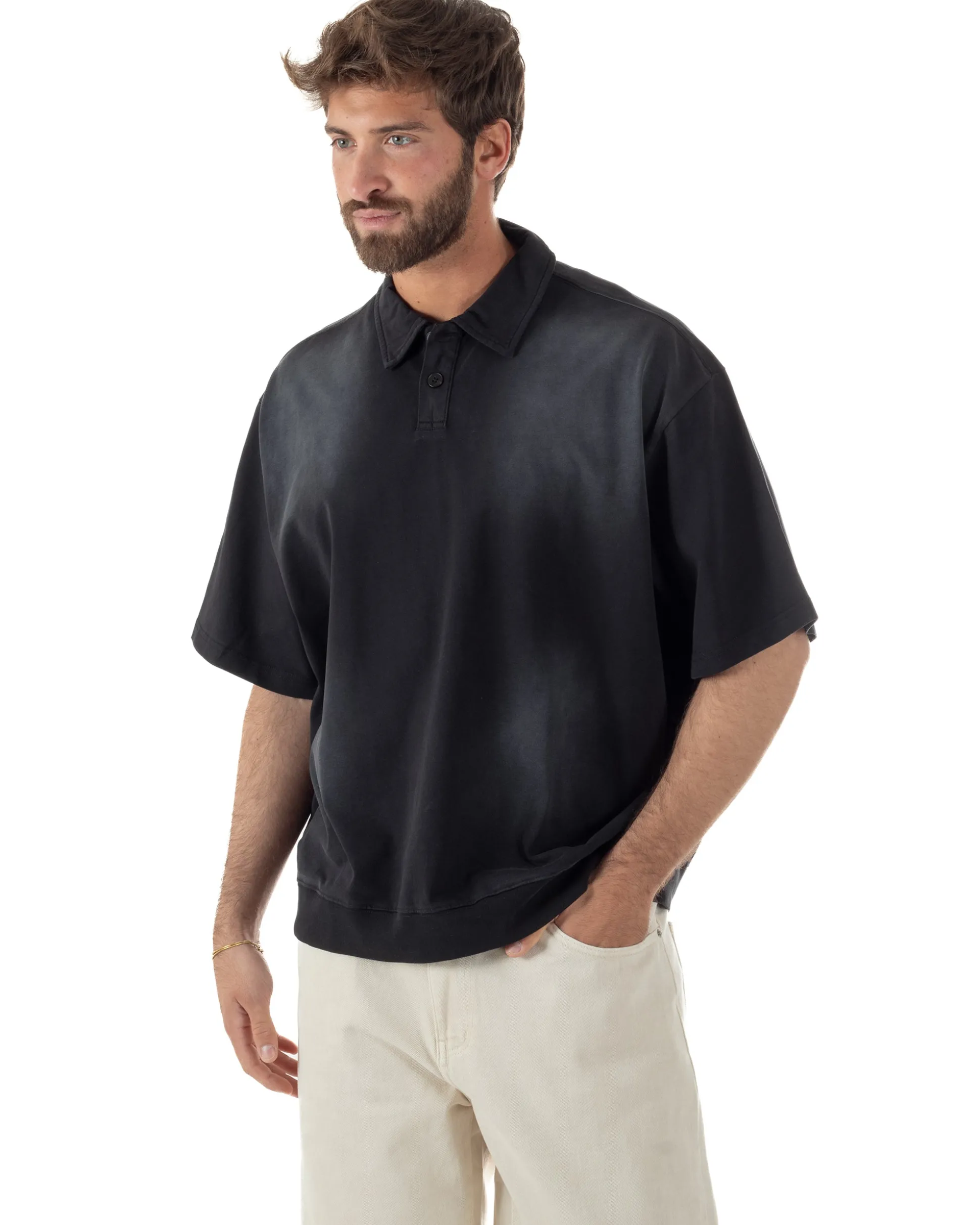 Polo uomo t-shirt oversize boxy fit washed maglia colletto nero GIOSAL-TS3213A
