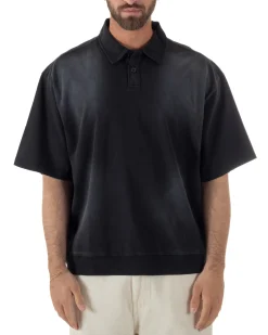 Polo uomo t-shirt oversize boxy fit washed maglia colletto nero GIOSAL-TS3213A