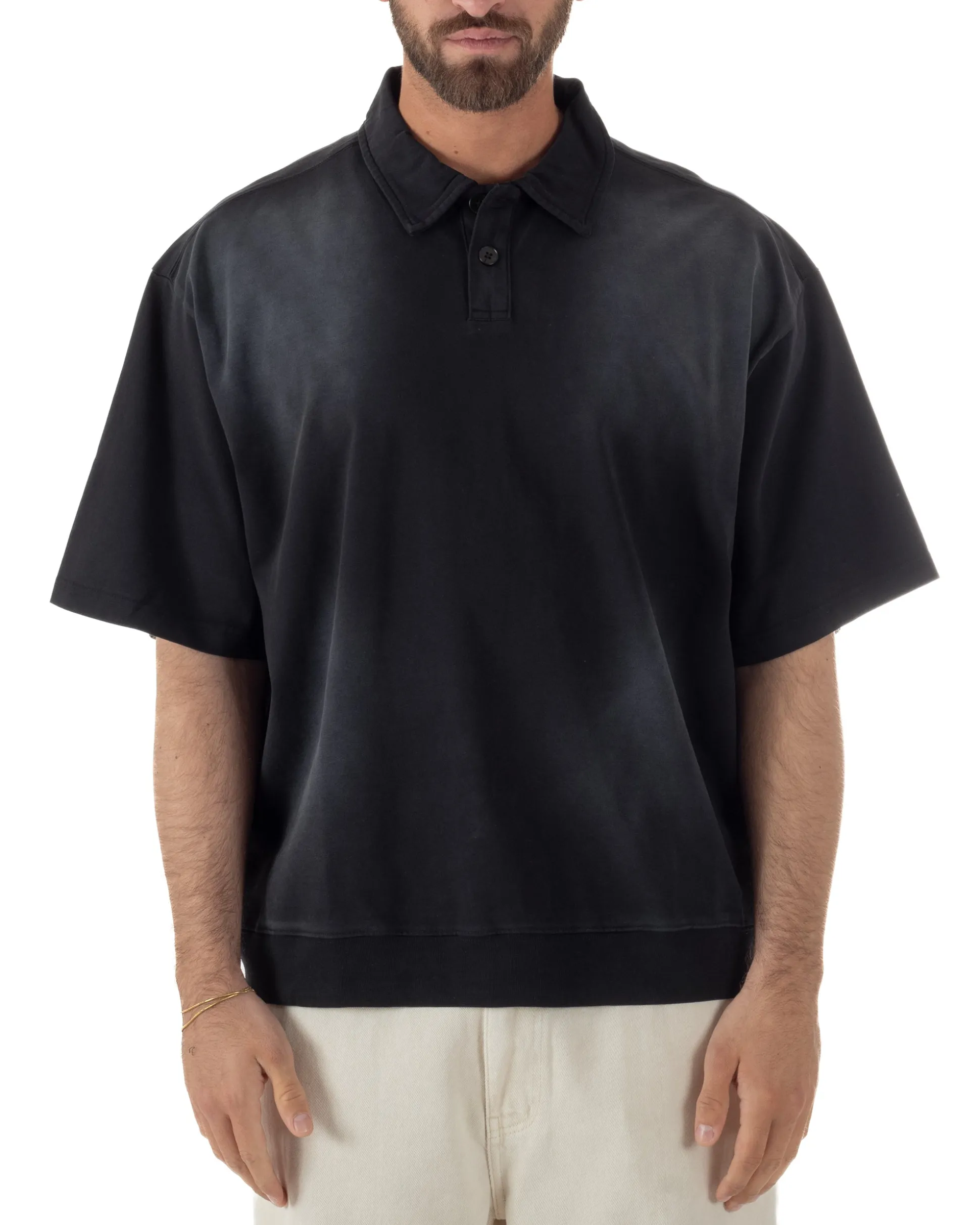 Polo uomo t-shirt oversize boxy fit washed maglia colletto nero GIOSAL-TS3213A
