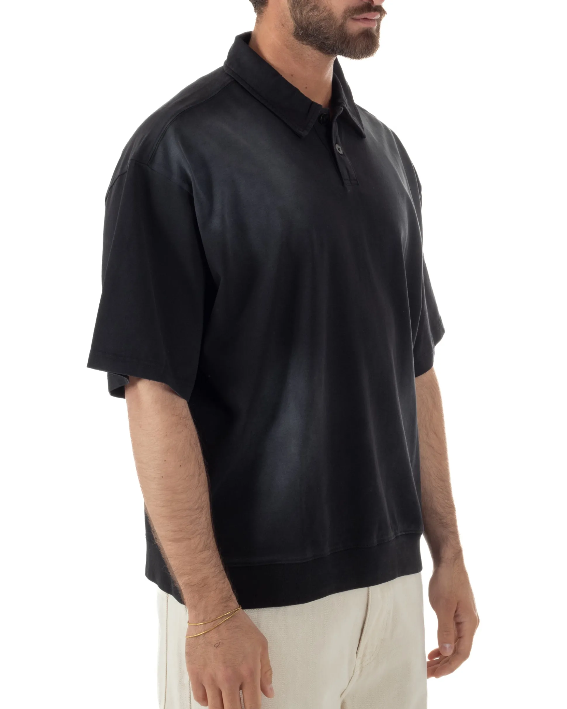 Polo uomo t-shirt oversize boxy fit washed maglia colletto nero GIOSAL-TS3213A
