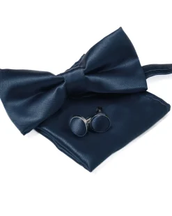 Set Pochette Papillon Gemelli Uomo Unisex Elegante Classico Cerimonia Tinta Unita Blu Scuro GIOSAL-CP1130A