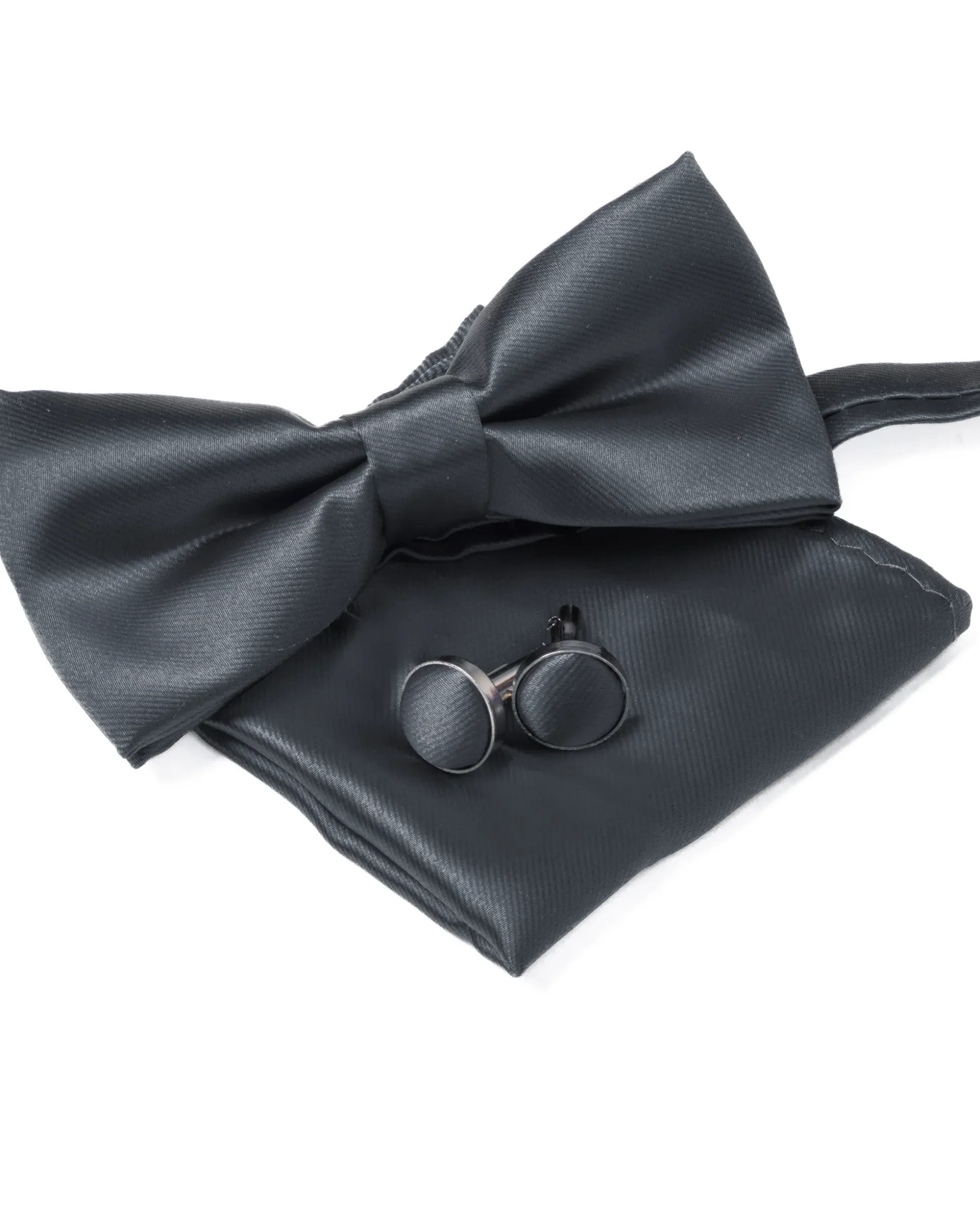 Set Pochette Papillon Gemelli Uomo Unisex Elegante Classico Cerimonia Tinta Unita Grigio Scuro GIOSAL-CP1128A
