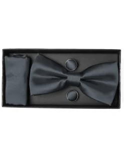 Set Pochette Papillon Gemelli Uomo Unisex Elegante Classico Cerimonia Tinta Unita Grigio Scuro GIOSAL-CP1128A