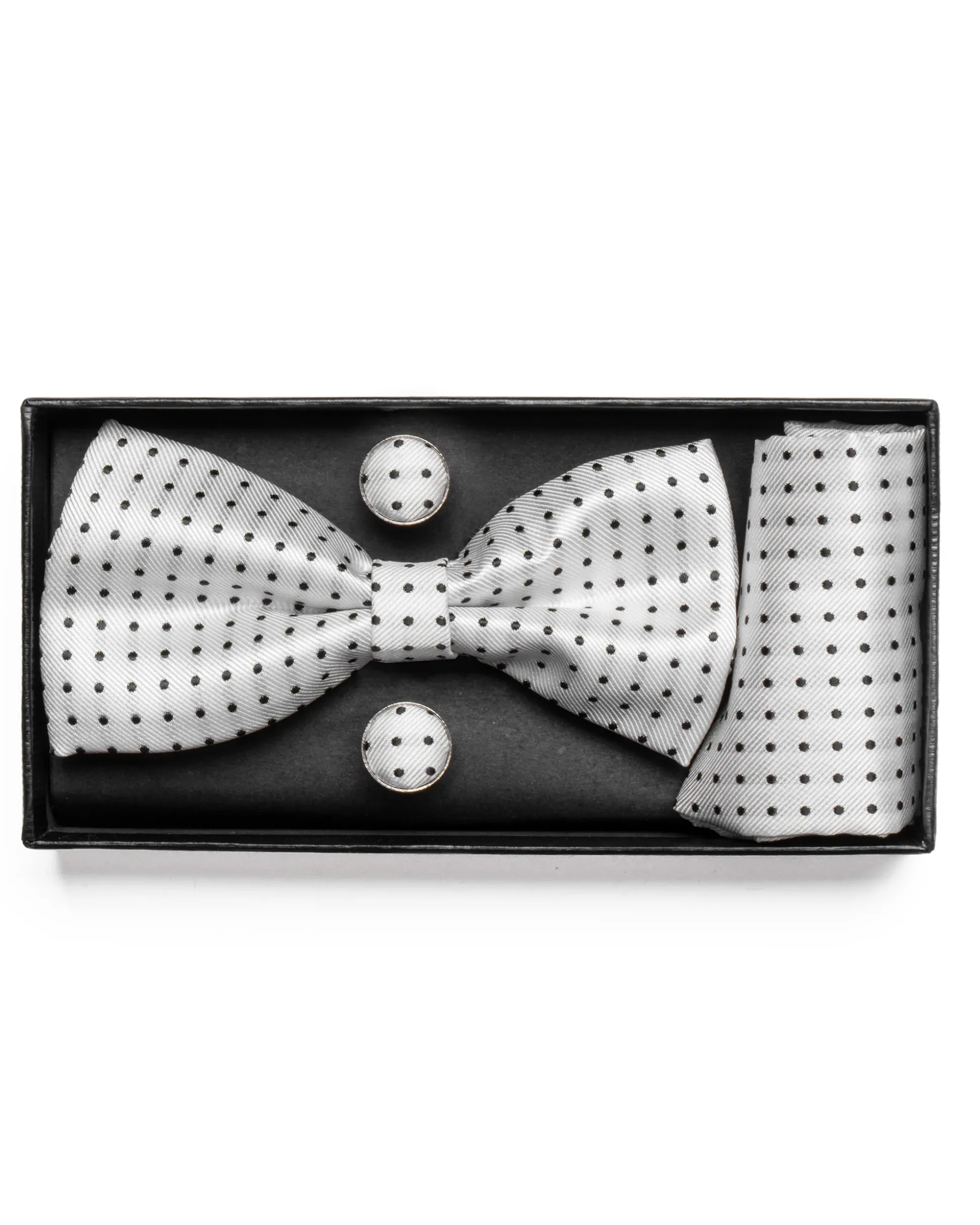 Set Pochette Papillon Gemelli Uomo Unisex Elegante Cerimonia Pois Bianco GIOSAL-CP1123A