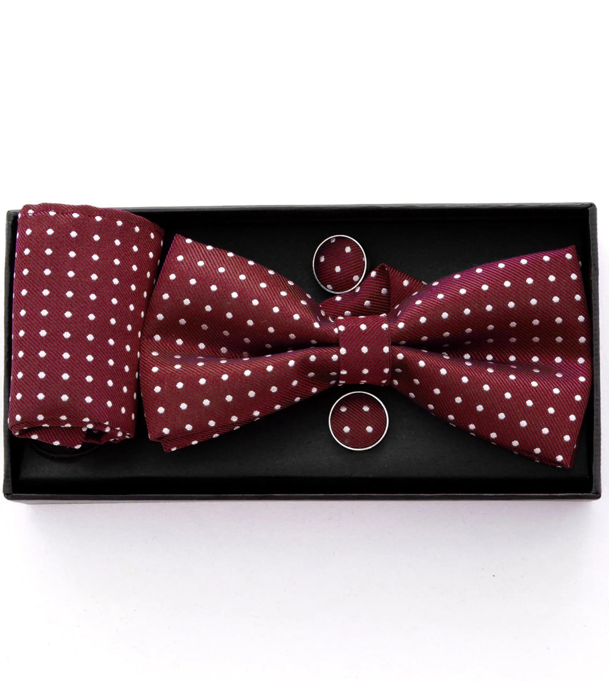 Set Pochette Papillon Gemelli Uomo Unisex Elegante Cerimonia Pois Bordeaux GIOSAL-CP1051A
