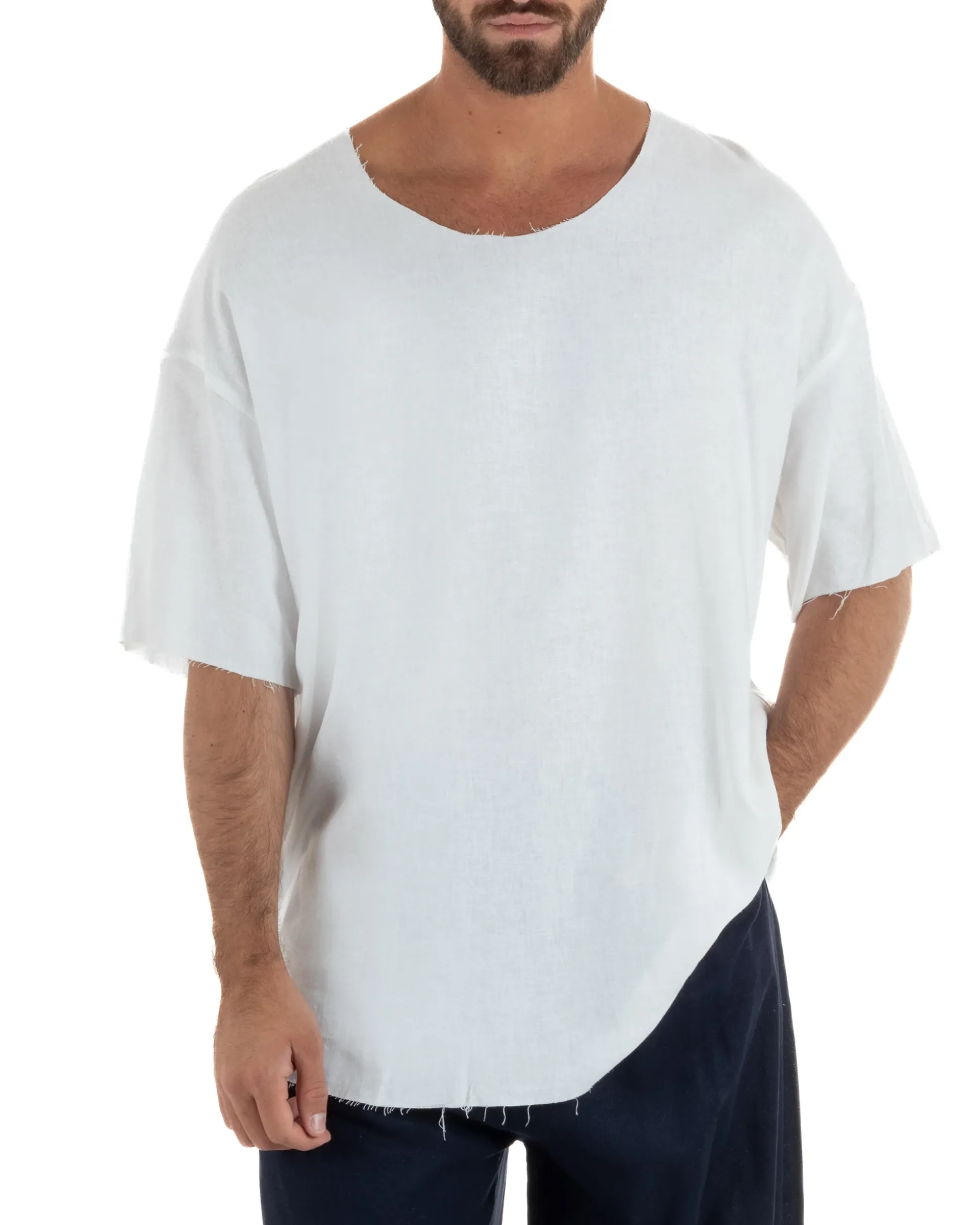 T-shirt casacca uomo lino girocollo over fit sfrangiata bianco GIOSAL-TS3282A
