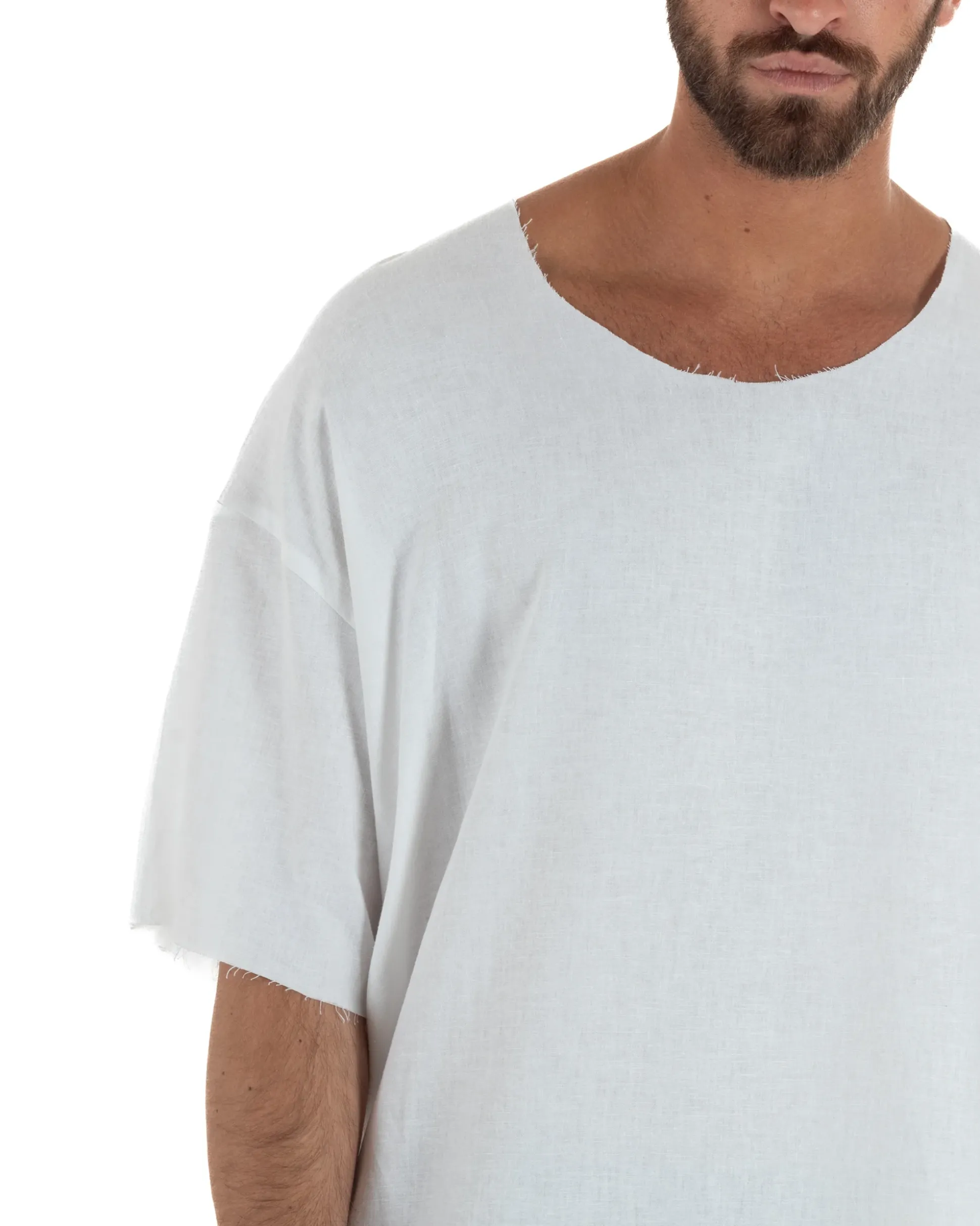 T-shirt casacca uomo lino girocollo over fit sfrangiata bianco GIOSAL-TS3282A