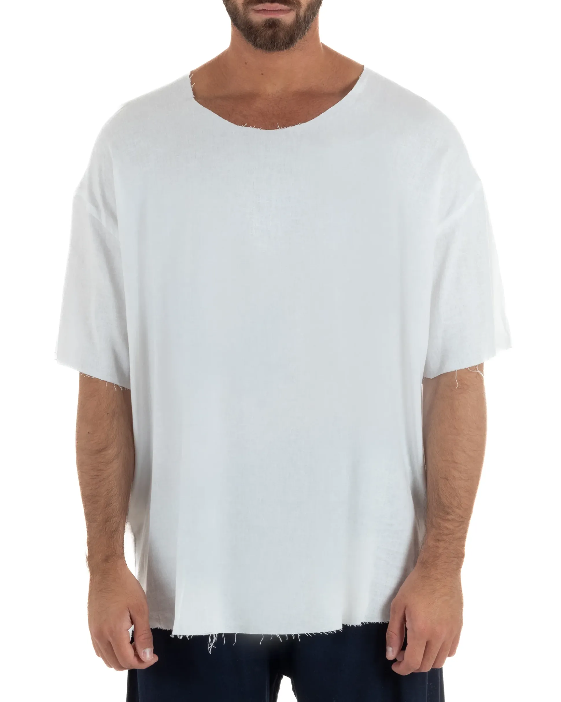 T-shirt casacca uomo lino girocollo over fit sfrangiata bianco GIOSAL-TS3282A