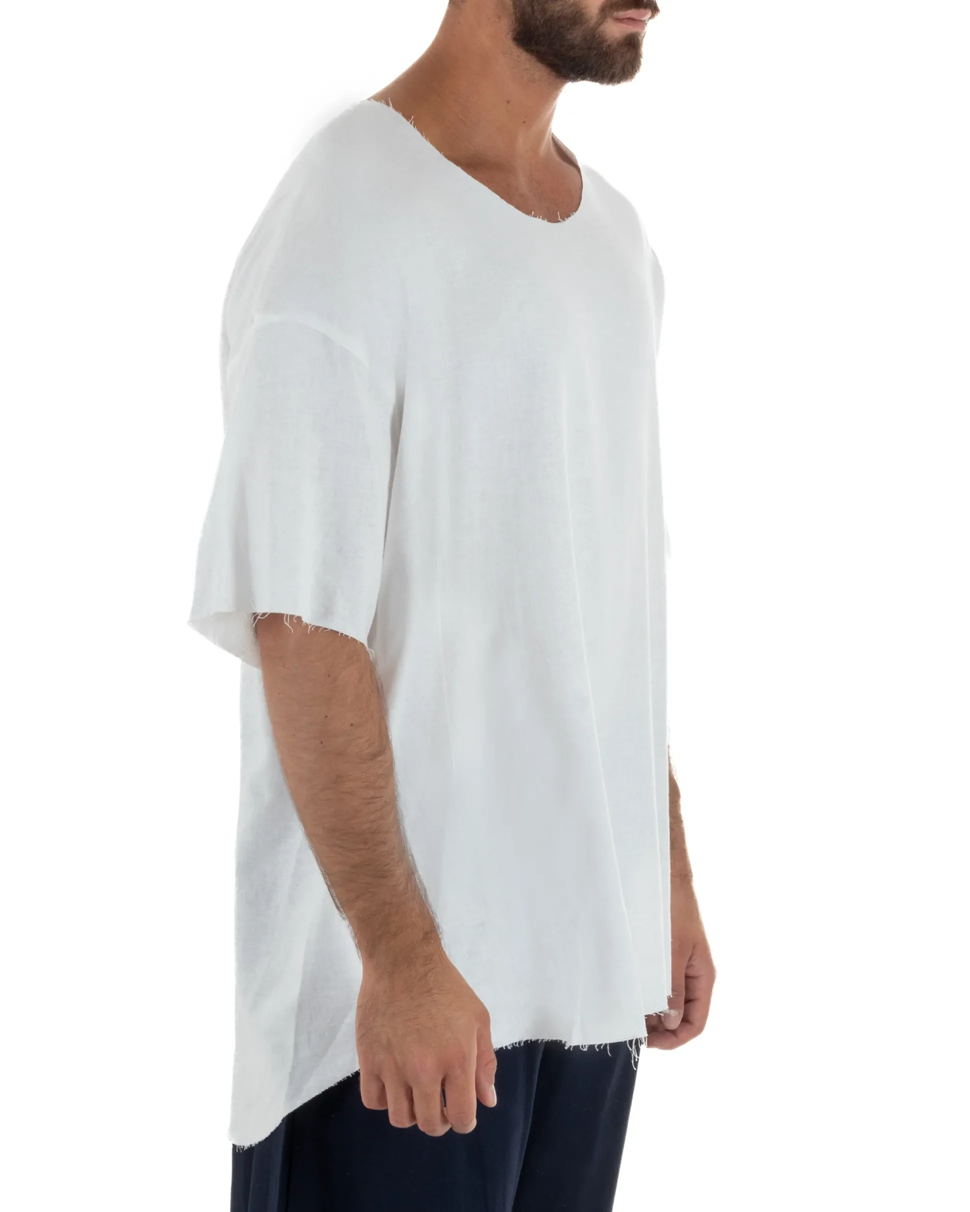 T-shirt casacca uomo lino girocollo over fit sfrangiata bianco GIOSAL-TS3282A