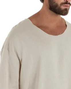 T-shirt casacca uomo lino girocollo over fit sfrangiata beige GIOSAL-TS3283A