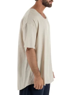 T-shirt casacca uomo lino girocollo over fit sfrangiata beige GIOSAL-TS3283A